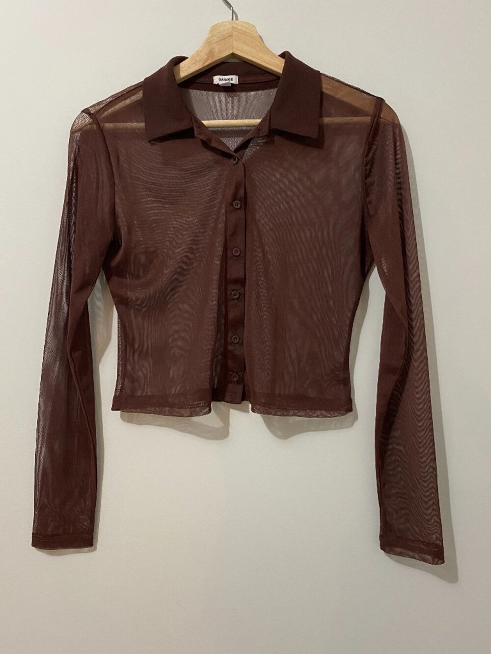 Garage Sheer Mesh Long Sleeve Button Down Top Collared 90s Y2K Layering Cropped